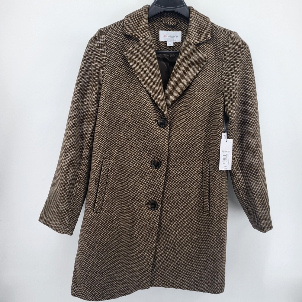 Liz Claiborne Brown Tweed Herringbone Coat Women's Size‎ Large New With Tags